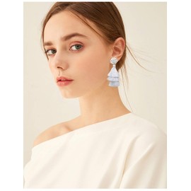 Layered Tassel Earring Bohemian Lightweight Colorful Tiered Thread long Fringe Tassel Drop Dangle Beaded Statement Stud Earring Women Gifts (White)