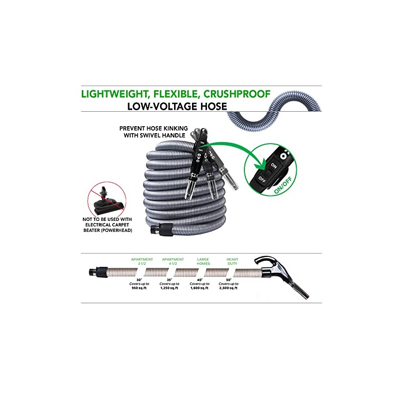 OVO Universal Central Vacuum 30ft Low Voltage Hose, Switch Control