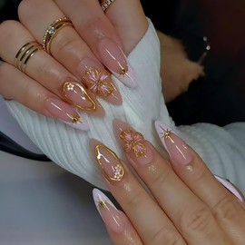 Medium Press On Nails Almond Frencht Tip Fake Nails 3D Flower Nails Press Ons With Gold Star Stripe Designs Acrylic False Nails Nude Pink Glue On Nails Full Cover Stick On Nails For Women