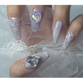 [In-store special discount] Light purple tweed magnetic gel handmade nail tips - Coffin Egg / [입점초특가할인]연보라 트위드 자석젤 수제네일팁 - 코핀에그