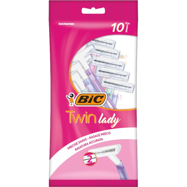 BIC Twin Lady, Disposable Razors with 2 Stainless Steel Blades and Lightweight Handles, Assorted Colours, Pack of 10