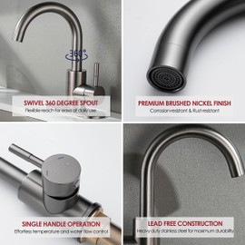 RODDEX Wet Bar Sink Faucet Stainless Steel One Hole 360 Swivel Bar Mixer with 3 Hole Cover Deck Plate Small Modern Single Handle Kitchen Tap for Bath Bathroom Sink Prep Sink, Dark Grey