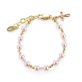 Cherished Moments 14K Gold-plated Cross Baby Bracelet with Pink High-End Simulated Pearls for Baptism or Christening Gift for Babies, Infants, or Newborn Girls (SM)
