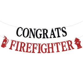 CONGRATS FIREFIGHTER Banner, Class of 2023/Congrats Grad, Fire Department Graduation Party Decoration Supplies for Fireman, Black and Red Glitter