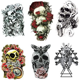 Yesallwas Tattoo Stickers, Realistic and Large Size, Set of 6, Japanese Design and Carving, Skull, Waterproof, Long-Lasting, Body Stickers, Men and Women, 5.9 x 8.3 inches (15 x 21 cm), (A)