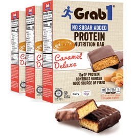 Grab1 Sugar Free Protein Bars, Caramel Deluxe (3 Pack- 12 Bars) | Delicious and Nutritious | Low Calorie | Only 1g Sugar