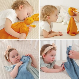 Bunny Lovey Blanket for Boys and Girls, Organic Cotton Muslin Security Blanket for Babies, Soft Breathable Lovie Soothing Towel for Newborn and Infant, 2 Pcs Set