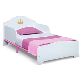 Delta Children Princess Crown Wood Toddler Bed with Fabric Mattress Support - Greenguard Gold Certified, White/Pink