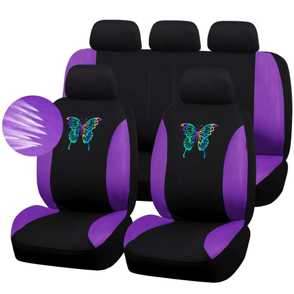 CAR PASS Universal Iridescent Reflective Butterfly Car Seat Covers Full Set, Breathing Mesh & Bench 3 Zipper & Airbag Compatible, Fit for Sedan Truck SUV Van, Girly Cute for Women (Black and Purple)