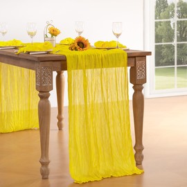 DeZerlor Yellow Cheesecloth Table Runner Lemon Decorations for Baby Shower Easter Boho Sheer Cheese Cloth Table Runner Gauze 120 Inches Long Spring Table Decor for Wedding Bridal Shower Parties