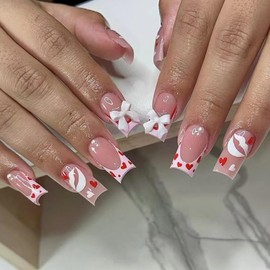 French love Press on Nails with Cute Bow Charms Long Valentine's Day Fake Nails Heart Press ons Stick on Nails Medium Square Shape Acrylic Nails French Nails Tip Valentine's Nails Set for Women Girls