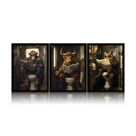 XRZ Funny Bathroom Wall Art Set – 3 Unframed Canvas Prints – Steampunk Animal Toilet Humor – 12x16 Inch Each