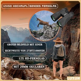 LUXUN 12x50 HD Binoculars for Adults, Large Field of View, BAK4 FMC Prism Waterproof Binoculars with Smartphone Adapter Carry Bag for Outdoor Travel, Hunting