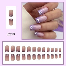 Square Press on Nails Medium Fake Nails French Tip Purple Acrylic Nails with Summer Floral Designs Glue on Nails Daisy False Nails for Women and Girls 24PCS