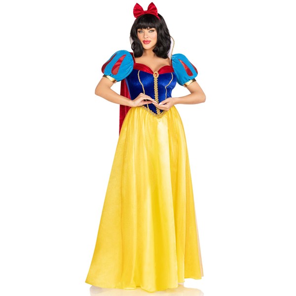 LEG AVENUE 3 PC Royal Miss Snow, includes classic velvet and satin long ball gown with braided gold trim and stay up collar, detachable velvet cape, and bow headband