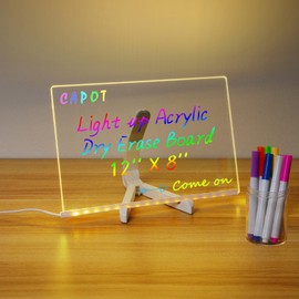 Acrylic Dry Erase Board with Light 11.8 X 7.9” Clear Light up Dry Erase Board with Stand Desktop Glow Memo LED Letter Rewritable Message Board White Board LED Note Board with 7 Color Markers