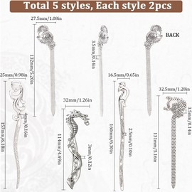 SUNNYCLUE 10Pcs 5 Styles Alloy Bookmarks Silver Metal Bookmark Animal Vintage Chinese Style Hairpin Stripe Bookmarkers Fox Peacock Hook Tibetan Book Markers for Reading Teachers Students Friends Gifts