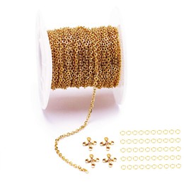 33 Feet 18K Gold Stainless Steel Flat Cable Chains Link Spool Bulk with 20 Lobster Clasps and 50 Jump Rings for Pendant Necklace Jewelry DIY Making