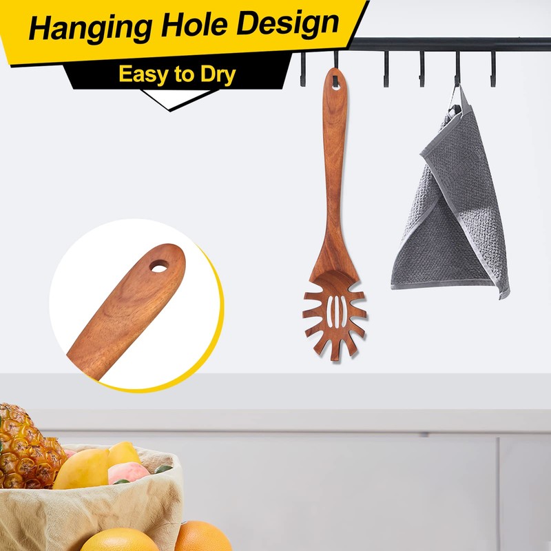 Wooden Pasta Spoon with Teeth Spaghetti Fork Tongs 12.5 Inch