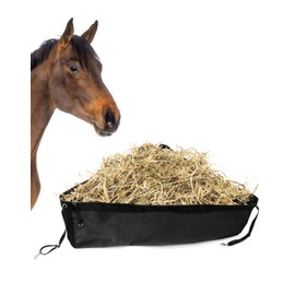QWORK Hay Feed Bags for Horse, Large Capacity Corner Hay Bag, Reduces Waste, with Mesh Bottom and Snap Closure, for Horse Trailer Stalls, Black