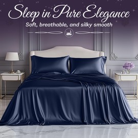 SLEEP SANCTUARY Satin Sheets Full Size – 4 Piece Luxury Silky Bed Set, Softer Than Silk, 15" Deep Pocket, Cooling & Wrinkle-Free, Moisture-Wicking & Breathable for Hair & Skin (Navy Blue)