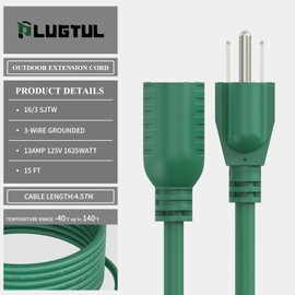 PLUGTUL 15 FT Outdoor Extension Cord Waterproof, 16/3 Green Heavy Duty 3 Prong Extension Cord, 13A 1625W SJTW, ETL Listed, Great for Garden and Home