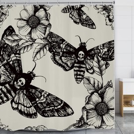 LGhtyro Black Skull Moth Shower Curtain Bathroom Set 71Wx71H Inches Vintage Gothic Scary Retro Flower Floral Botanical Leaves Butterfly Bath Accessories Mysterious Art Home Decor Fabric 12 Pack Hooks