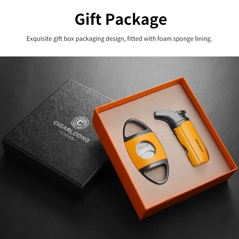 CIGARLOONG Cigar Cutter and Lighter Set Yellow Double Blade Classic