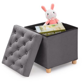 BRIAN & DANY Ottoman with Storage, Foldable Storage Ottoman Cube with Wooden Legs, Footstool for Living Room, Bedroom, Velvet Grey 15.7" x 15.7" x 15.7"