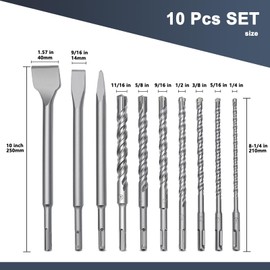 10 PCS 1/4 to 11/16 inch SDS Plus Rotary Hammer Drill Bits and Chisel Set, 6-18mm SDS Plus Masonry Drill Bits for Concrete, Brick, Cement，Masonry Work, Length 8-1/4 in