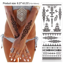 Konsait Tattoo Sticker Black Lace Mehndi Temporary Tattoo Skin Waterproof Temporary Tattoo Body Art for Women (10 Sheets)