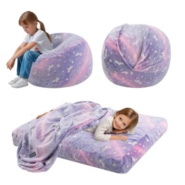 COMAX Kids Bean Bag Chair Turn into Beanbag Bed, Toddler Bean Chair for Girl Boy Sleeping, Lazy Children Bean Bags with Filler, Convertible Child Floor Mattress, Purple Unicorn