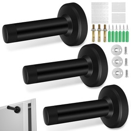 GZhaizhuan Pack of 3 Wall Door Stops, Stainless Steel, 8.5 cm Long, Black, Includes Fixings, with Transparent Elastic Buffer (Square + Round)