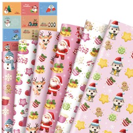 TLiuit 12 Sheets Pink Christmas Wrapping Paper,Xmas Thick Wrapping Paper in 6 Patterns,Funny Christmas Wrapping Paper for Kids,19.6x 27.5Inches Large Christmas Wrapping Paper Set and 12Pcs Gift Tags