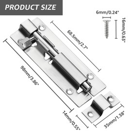 JelKen 2 Pack Door Lock Bolts 4"(100mm), 304 Stainless Steel Door Latch with Screws, Gate Latch for Shed Garden Doors, Internal Doors, 4 Inch
