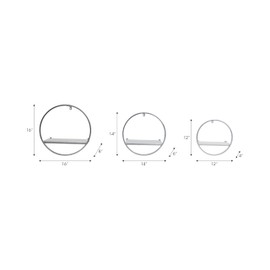 Sagebrook Home Set of 3 Round Wall Shelves - Metal & Wood Floating Storage - Modern Home Decor for Living Room, Bedroom, Office - Sturdy Iron Frame, Plywood Shelf - 16" 14" 12" - Silver Metallic
