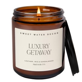 Sweet Water Decor Luxury Getaway Scented Candles - Soy Candles with Lemon, Cedarwood, Cinnamon, Vetiver, Amber & Musk Home Scent - Candle Wax with 40 Hours Burn Time - 9Oz Black Lid Amber Jar Candles