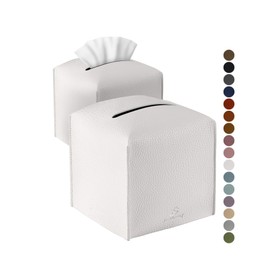 Tissue Box Cover, Jeethemy Square PU Leather Tissue Box Holder, Modern Tissue Case Facial Paper Organizer Dispenser，5X5X5'',Double White