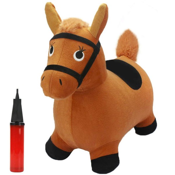 iPlay, iLearn Bouncy Pals Brown Hopping Horse, Toddler Plush Animal Hopper Toy, Kids Inflatable Ride on Bouncer W/ Pump, Indoor Outdoor Jumper, Birthday Gifts for 18 24 Months 2 3 Year Old Boys Girls