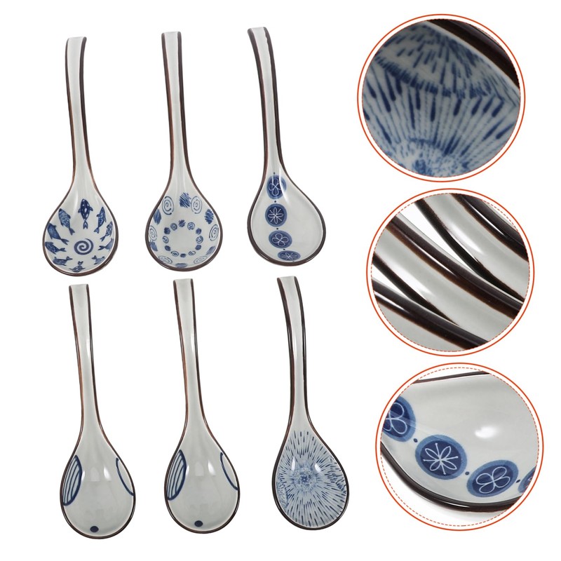 SHOWERORO 6pcs Long Handled Ceramic Soup Spoons Elegant Asian Serving