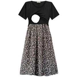 PARNIXS Women's Nursing Dress Summer Short Sleeve Patchwork Pregnancy Clothes with Pockets, X-Large