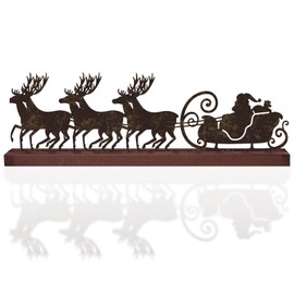 Rustic Christmas Metal Sign Vintage Reindeer Sled Desktop Decoration Christmas Table Decor Holiday Tiered Tray Decor Freestanding Metal Sign with Wooden Base for Home Tabletop Mantel Fireplace