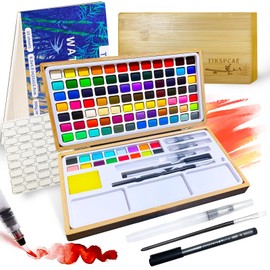 Watercolor Paint Set,100 Colors in Nature Bamboo Box,Portable Water Colors Kit with Papers and Brush Pens,Great for Kids Adults Beginners & Professionals