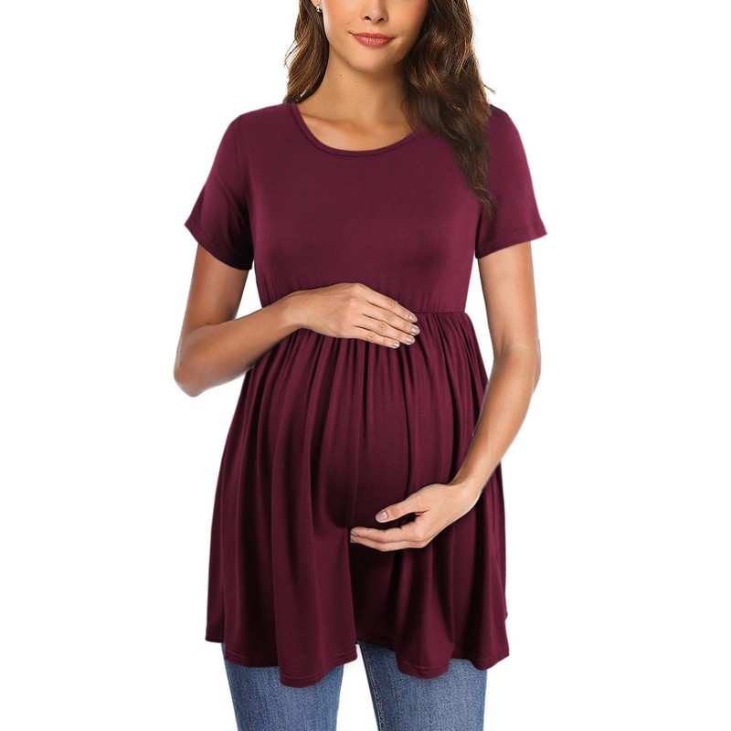 PrettyLife Womens Maternity Pleated Tops Modal Short Sleeve Flattering Pregnancy