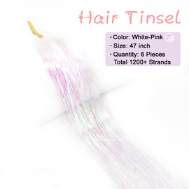 Hair Tinsel Kit With Tools 47Inch Fairy Hair Tinsel Heat Resistant 6Pcs 1200Strands Highlights Glitter Hair Extensions Sparkling Shiny Hair Extensions for Women Girls (White-Pink)