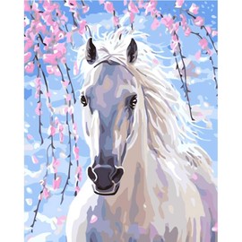 BERYART DIY Oil Painting, Paint by Numbers Kits by Hand Colouring for Adults Kids Beginner Gifts - White Horse 16x20 inch (Frameless)