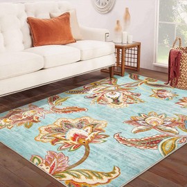 Area Rug 3x5 Entryway Rug, Machine Washable Boho Floral Rug Non-Slip Soft Low Pile Indoor Door Mats for Entryway Hallways Kitchen Laundry Bedroom Kids Room(Blue,3'x5')