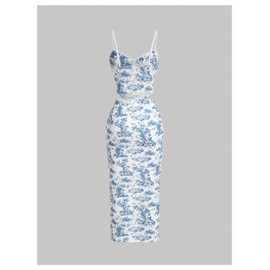 Milumia Women's 2 Piece Outfit Floral Sleeveless Corset Crop Top Split Long Skirt Set Blue and White Medium