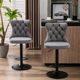 Himusi Swivel Bar Stools Set of 2, Adjustable Velvet Counter Height Barstools with High Back & Nailheads Trim, Modern Upholstered Bar Chairs for Dining Room Home Bar Kitchen Island, Grey