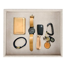 HofferRuffer Elegant Desktop Organizer, Vanity Tray, Bathroom Storage Tray Holder, Dresser Jewelry Tray, Change Coin Key Watch Catchall Tray, 10.2 x 8.4 x 1.8 inches (Light Grey Faux Leather Shagreen)